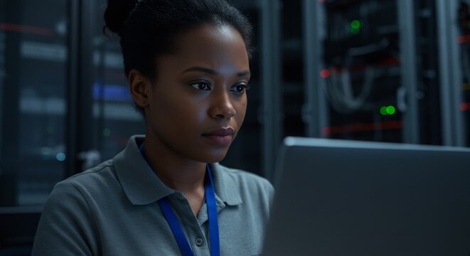 Focused Black Female IT Engineer Illuminated by a Laptop in a Dark Server Room.