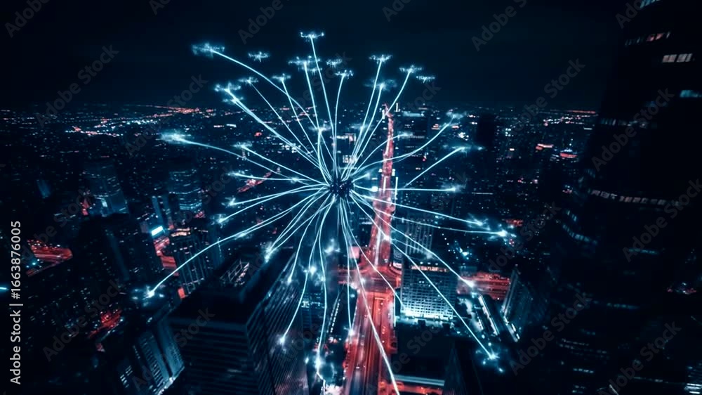 Aufkleber night city skyline illuminated by a network of glowing light trails, creating a futuristic and inter