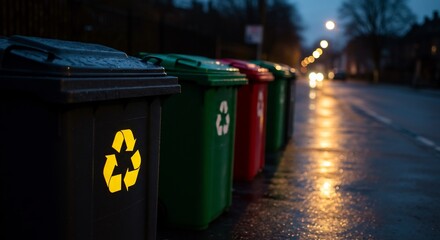 Glowing Yellow Recycling Symbol on a Row of Bins Along a Wet, Reflective Urban Street at Twilight.
