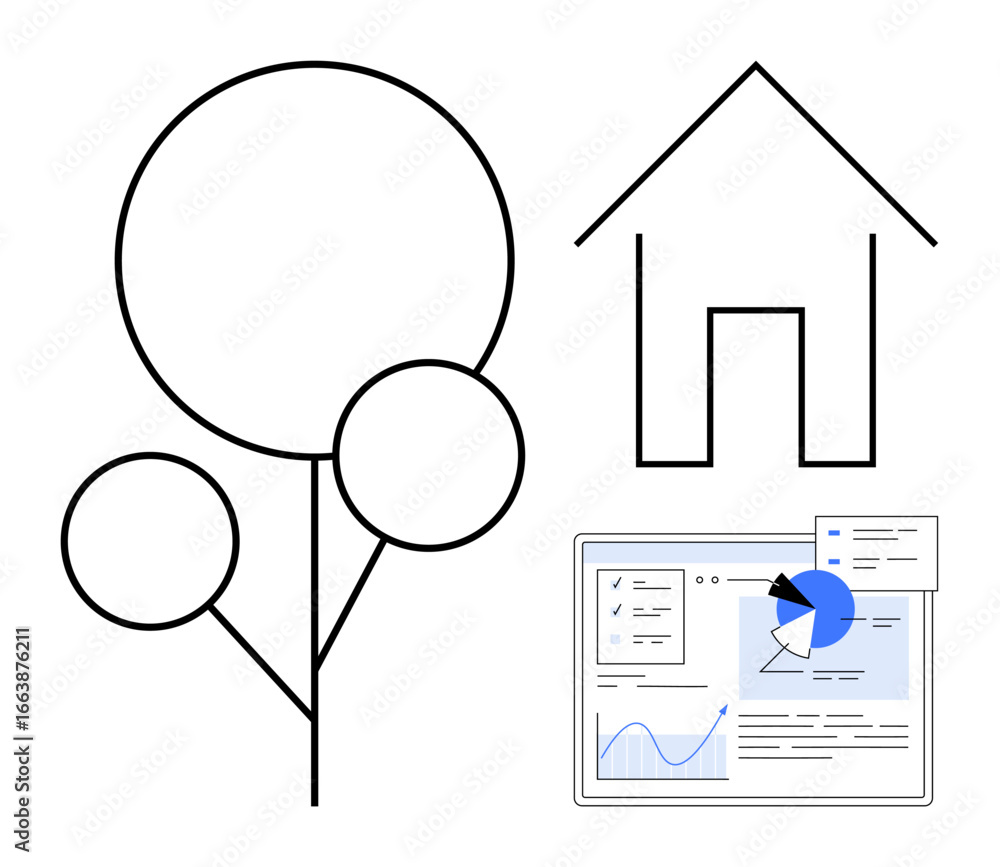 Aufkleber abstract tree design with circular nodes, simple house outline, and a data dashboard. ideal for envi