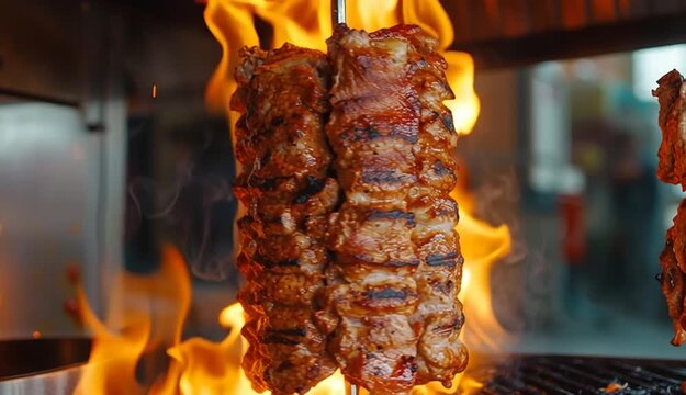 Rotating meat with flames, juicy shawarma cooking process in Turkish Kebab