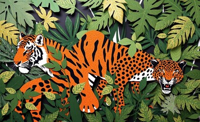 Obraz premium Vibrant papercut scene depicting a striped wild cat and a spotted one resting within dense, lush green jungle foliage.