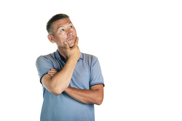 Middle-aged serious handsome thoughtful asian man holding chin isolated on white background
