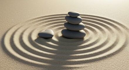 Balanced Zen Stones Casting Long Shadows on Concentric Sand Ripples.