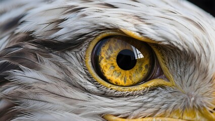 Hyper-realistic close-up of an eagle’s piercing yellow eye