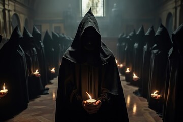 Evil Cult. Dark Evil Cult Ritual. Hooded Figures in Black Robes Holding Candles in a Mysterious Ceremony. Secret Occult Group in a Temple with Copy Space. Horror, Satanic and Halloween Concept.