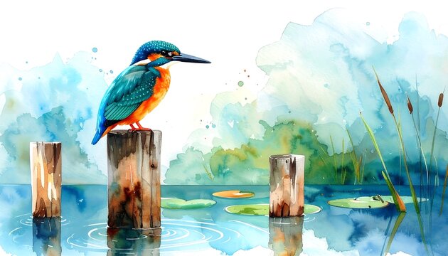Vibrant Kingfisher's Serene Perch: A Luminous Watercolor Pond Scene