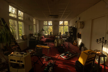 Complete home music studio with drums guitars keyboards and recording equipment