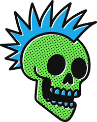 Vector punk skull illustration with green face, blue mohawk spikes, black hollow eyes, and halftone comic style. Bold pop art design perfect for retro, music, or street culture projects.
