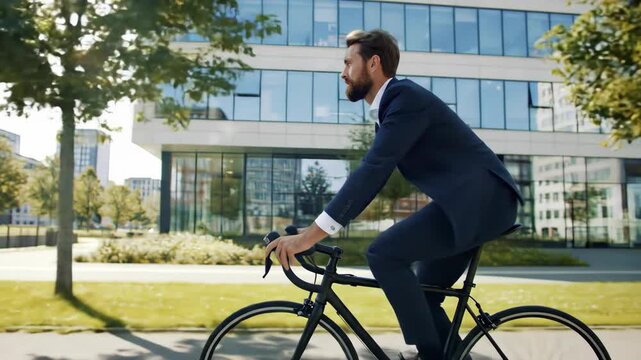 Bearded businessman in suit riding bicycle in city, commuting to work with eco friendly transport.
