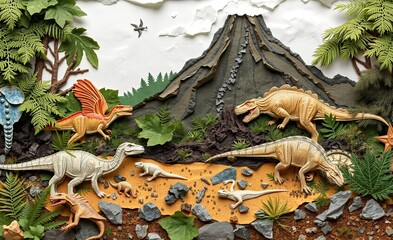Naklejka premium A vibrant prehistoric scene features numerous dinosaurs roaming near a towering volcano and lush foliage under a cloudy sky.