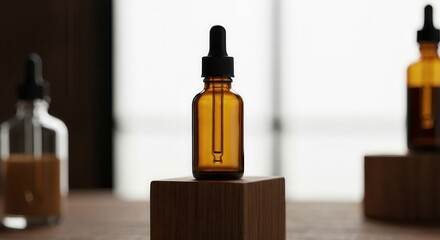 Amber dropper bottle on wooden cube by window light
