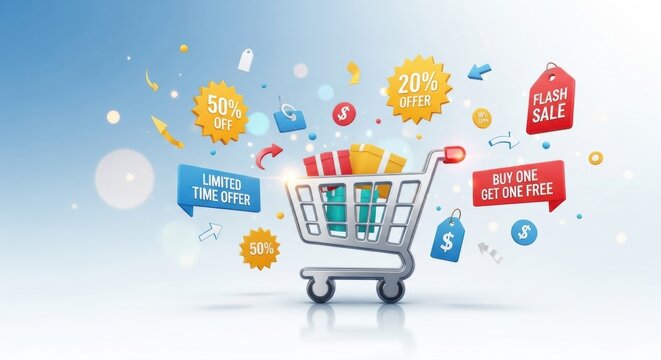 Score amazing deals with a shopping cart bursting with gifts and sale tags