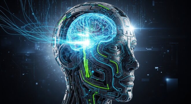 Advanced AI brain powering futuristic robot head with glowing neural network and digital data streams - Powered by Adobe