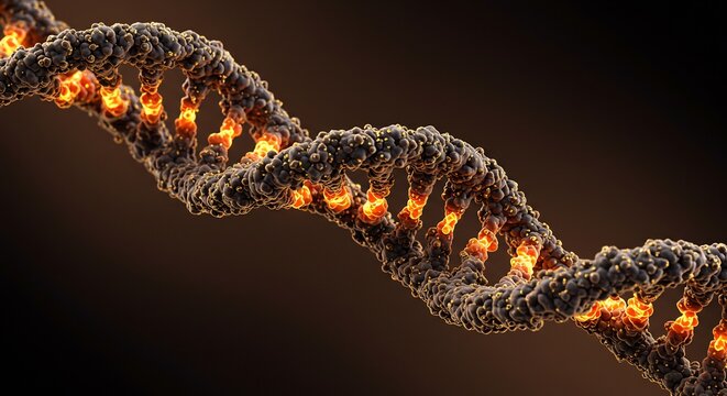 Textured DNA Double Helix with a Fiery, Glowing Core of Molten Light.