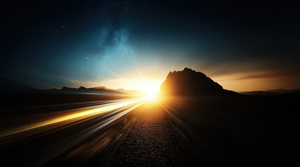Obraz premium Bright sunrise over mountains with light trails revealing a peaceful landscape