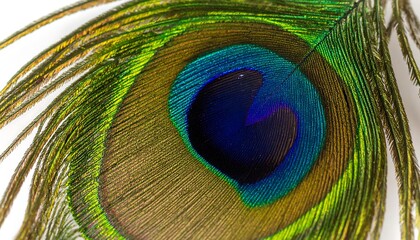 Obraz premium Close-up view of a peacock feather, showcasing vibrant colors and intricate structure.