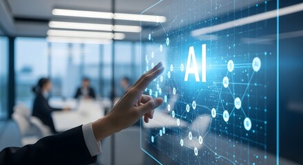 A person touching a virtual Artificial Intelligence interface in the office. 