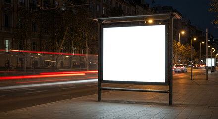 A blank billboard stands illuminated at night with blurred car lights streaking across the streetscape scene