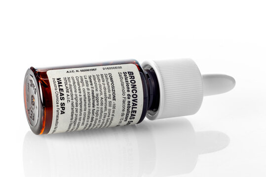 Italy - August 23, 2025: Bottle of Broncovaleas salbutamol solution for the  treatment of bronchospasm with aerosol
