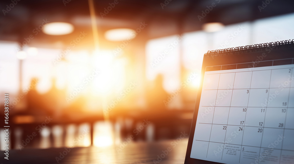 Poster sunlit office with a calendar marking important dates and tasks during evening hours