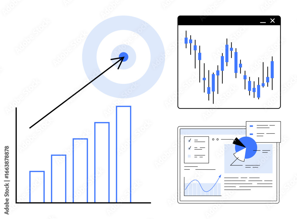 Poster bar chart, rising arrow to target, candlestick graph, dashboard with pie chart and analysis. ideal f