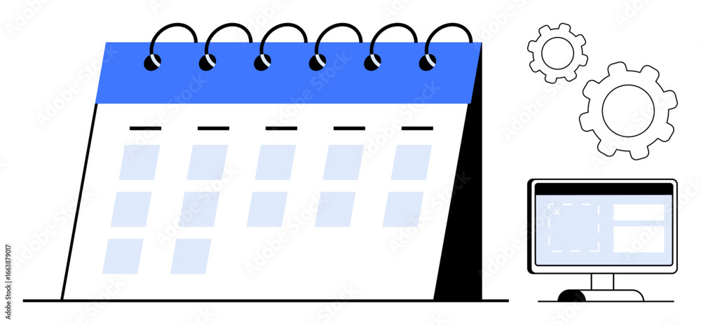 Aufkleber spiral-bound desktop calendar with highlighted sections, computer monitor displaying grids, and gear