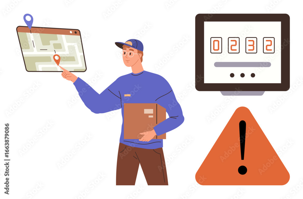 Poster delivery worker holding package and interacting with a digital map. screen displays tracking status.