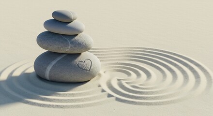A Balanced Cairn with a Heart Stone on Rippled Sand in a Serene Zen Garden.