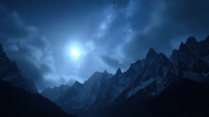 Night sky over majestic mountains illuminated by the full moon