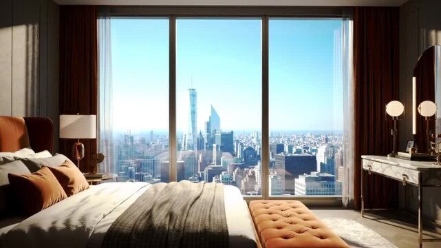 Interior view of a bedroom with a large window overlooking a city skyline on a sunny day