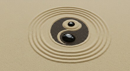 Meditative Balance - A 3D Yin Yang Symbol Creating Ripples in a Serene Sand Zen Garden.
