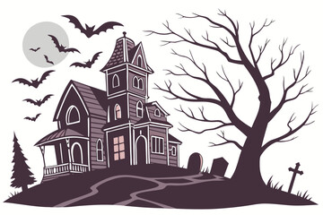 Haunted House with Bats and Tree - Spooky Halloween Illustration