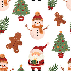 Seamless Christmas pattern with Santa, snowman, tree, gingerbread, fir branches. Cute festive holiday background. Vector illustration isolated on white.