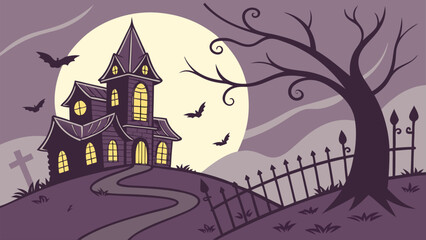 Haunted house vector illustration with crow on tree branch, full moon, bats, glowing windows, and gothic fence on Halloween night