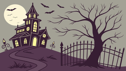 Haunted house vector illustration with glowing lamps, full moon, bats, spooky tree, and gothic fence on Halloween night