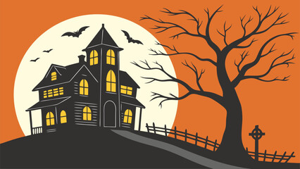 Haunted house vector illustration with full moon, flying bats, and spooky tree for Halloween night design