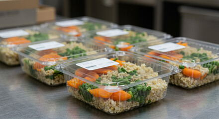 Pre packaged meals with carrots and green beans on a metal surface in a commercial kitchen setting
