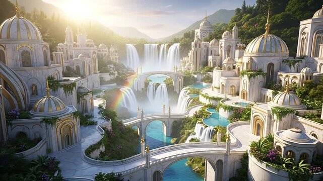 A beautiful sunlit fantasy city with white architecture, majestic waterfalls, and lush green mountains