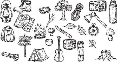 Obraz premium Outdoor Adventure Sketchbook: Detailed monochrome illustration of essential outdoor adventure and camping equipment.