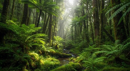 Fototapeta premium Lush Green Forest Scene with Ferns and Sunbeams