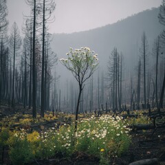 Blooming Recovery in a Burned Forest Landscape, Emphasizing 'Never Give Up'