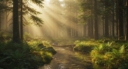 Fototapeta premium Sunbeams Filtering Through Trees in a Lush Forest Stream