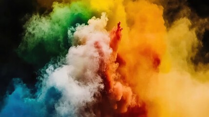 Spectacular rainbow smoke cloud with vibrant color spectrum against dark backdrop