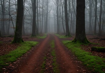 Fototapeta premium Twin Dirt Tracks Vanish into a Mysterious Foggy Forest Lined with Vibrant Green Moss.