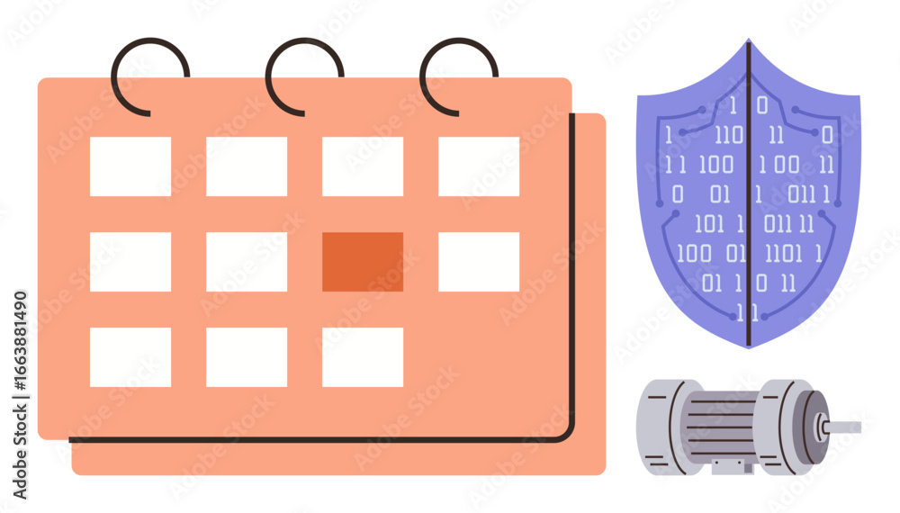 Poster calendar with marked date, binary code shield symbolizing cybersecurity, and electrical motor compon