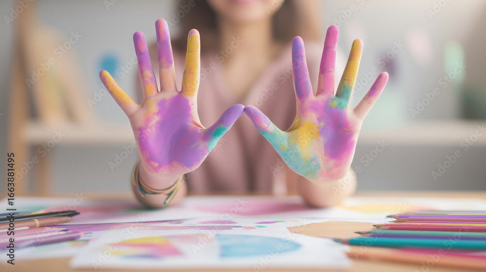 Aufkleber creating colorful art with vibrant hands and playful splashes of paint in a studio
