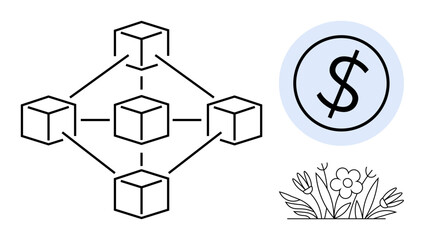 Connected blocks represent blockchain technology, a currency icon denotes finance, and flowers signify sustainability. Ideal for technology, finance, innovation, ecology, connectivity
