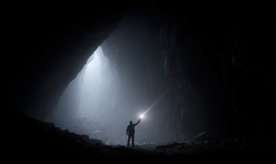 A lone figure illuminates a cave's entrance