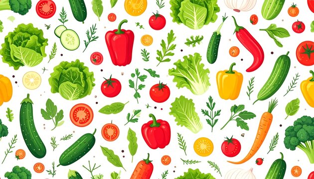 A colorful and vibrant pattern of fresh vegetables, including tomatoes, peppers, cucumbers, lettuce, and herbs, creates a healthy and appetizing design.